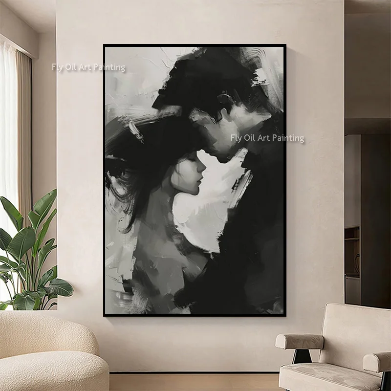 Handmade Black And Grey Couple Hugs Canvas Wall Art New Design Special Artwork Black White Couple Dancing Oil Painting For Decor
