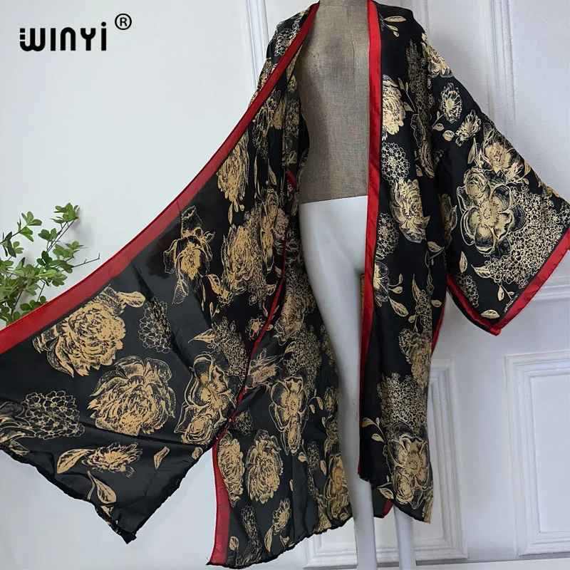 WINYI summer kimono Retro print beach wear comfortable maxi dress elegant cardigans beach outfits for women abaya dubai luxury