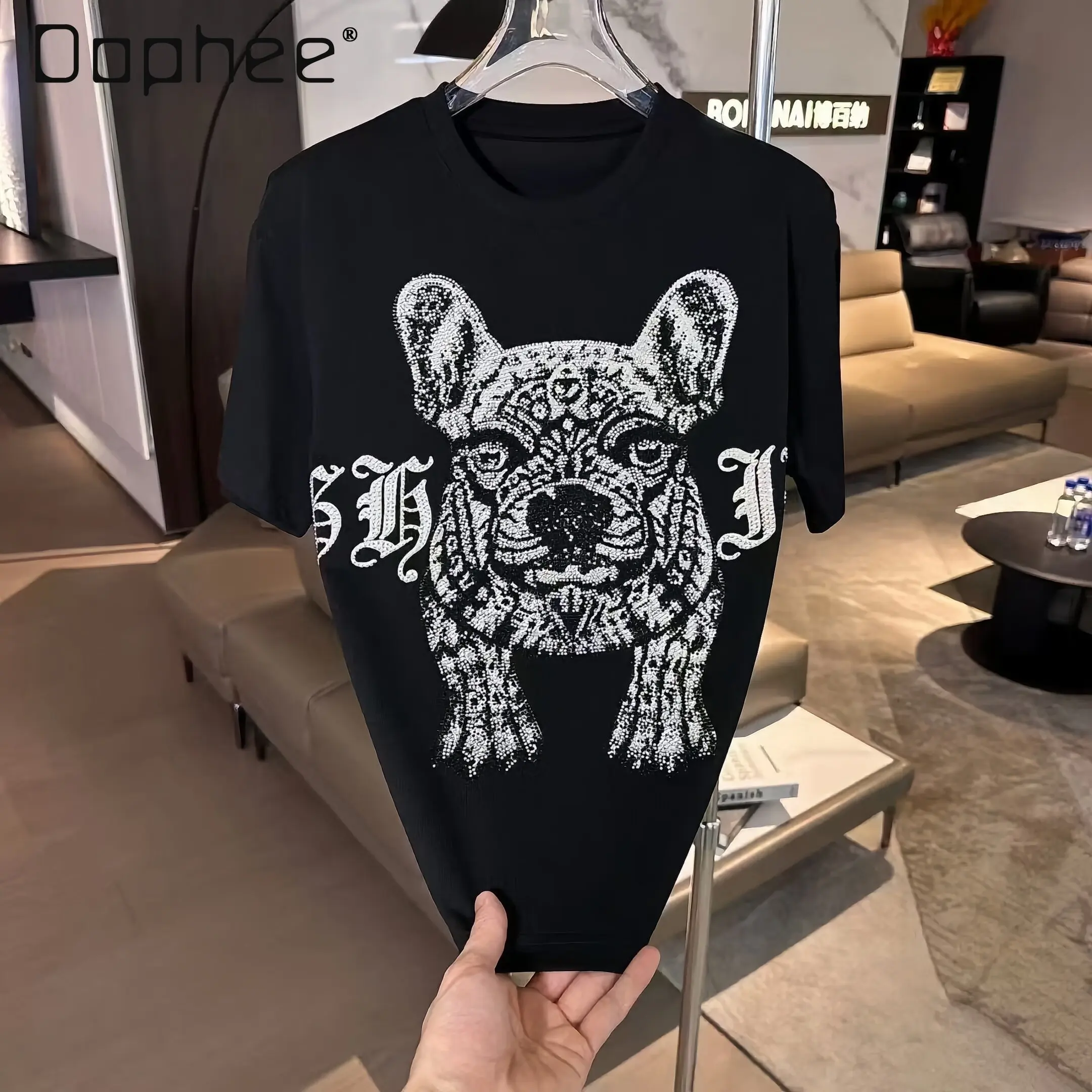 2026 Summer New Men's Fashion Cool Bulldog Rhinestone Loose Casual Daily White Black Pink Round Neck Short Sleeve T-Shirt