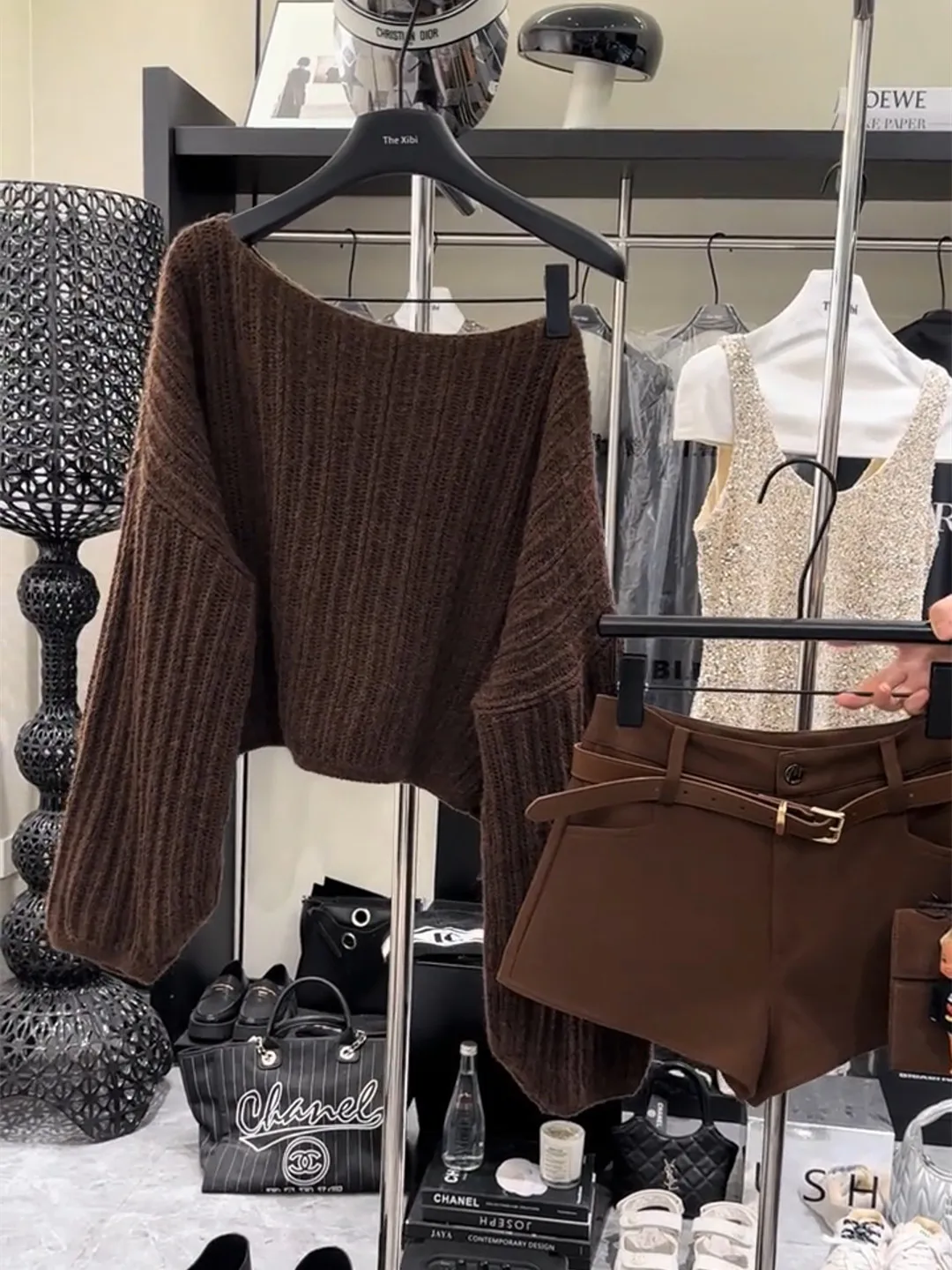 

Shoulder Bared Knitted Sweater Women's Caramel Color Slimming Elegant Style Top Match All Seasons Spring New Arrival