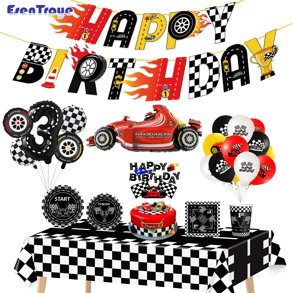 1pc Black White Racing Tablecloth Tableware Hot Wheels Party Decorations Racing Flag Checkered Balloons Boy Birthday Cake Topper