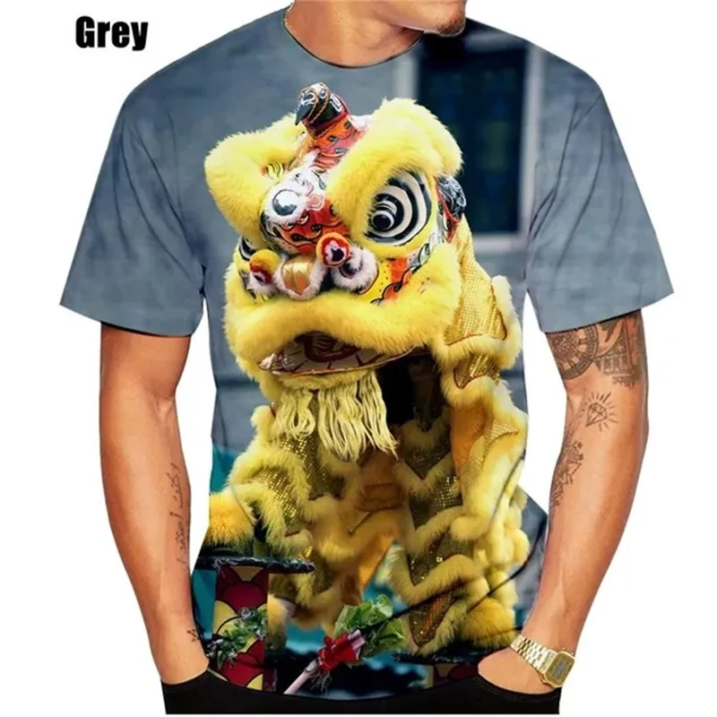 New Men's Fashion Dragon And Lion Dance Tshirt 3d Printed Intangible Cultural Heritage Of China Tee Tops Short Sleeve Funny Tops