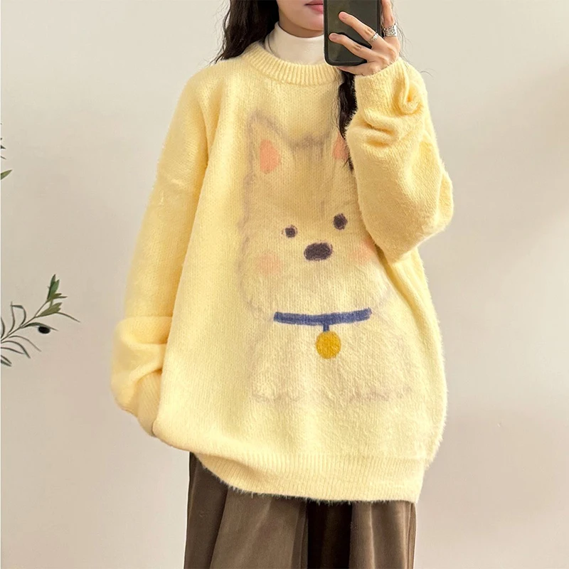 

Vintage Women Kawaii Sweet Sweater Lazy Wind Japan Cartoon O Neck Knitted Pullovers Female Long Sleeve Cute Preppy Style Jumper