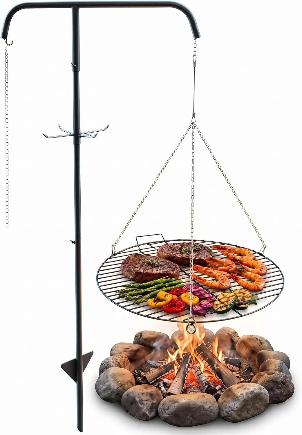 Campfire Hanging Grill Grate, 22-Inch Cooking Surface with 53-Inch Ground Stake