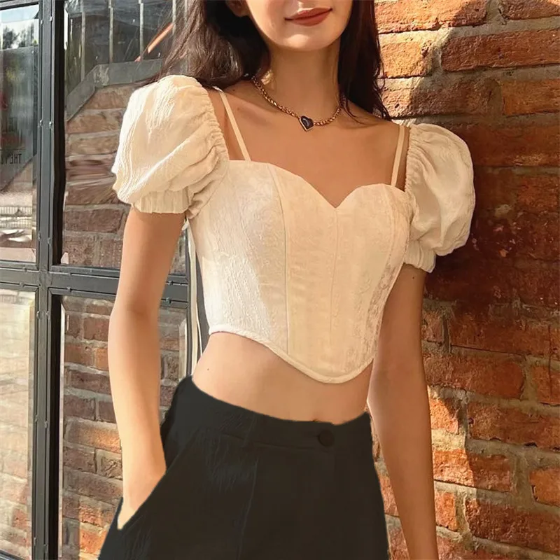 Xeemilo Puff Sleeve Texture T Shirt Elegant Sexy Irregular Tie Up Crop Top Summer Streetwear Ruched Backless Fairy Gentle Tees