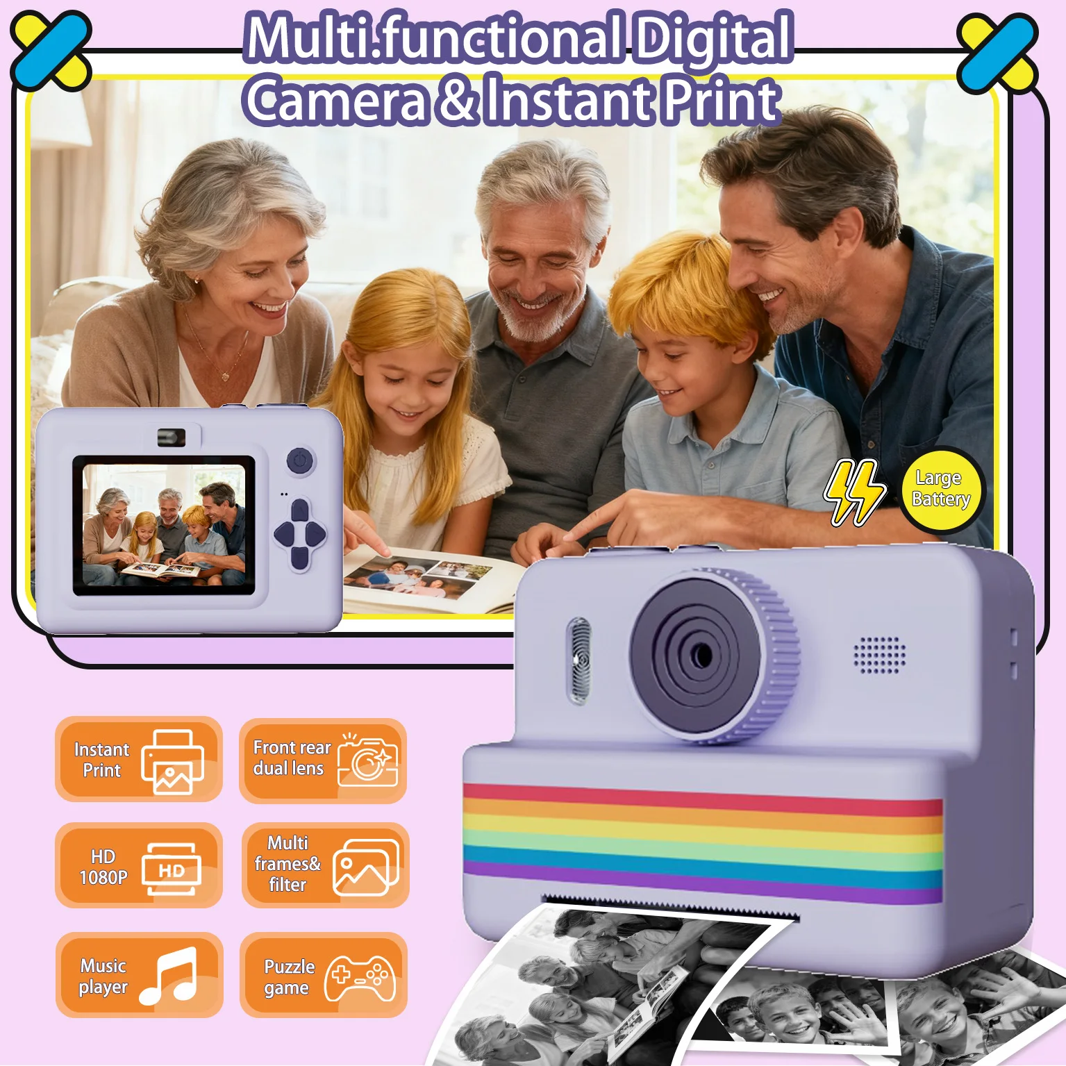 Aparat natychmiastowy, aparat selfie z podwójnym obiektywem (przód/tył) dla dzieci z nagrywaniem wideo 1080P, prezenty świąteczne i urodzinowe dla chłopców i dziewcząt w wieku 4+, przenośny aparat.