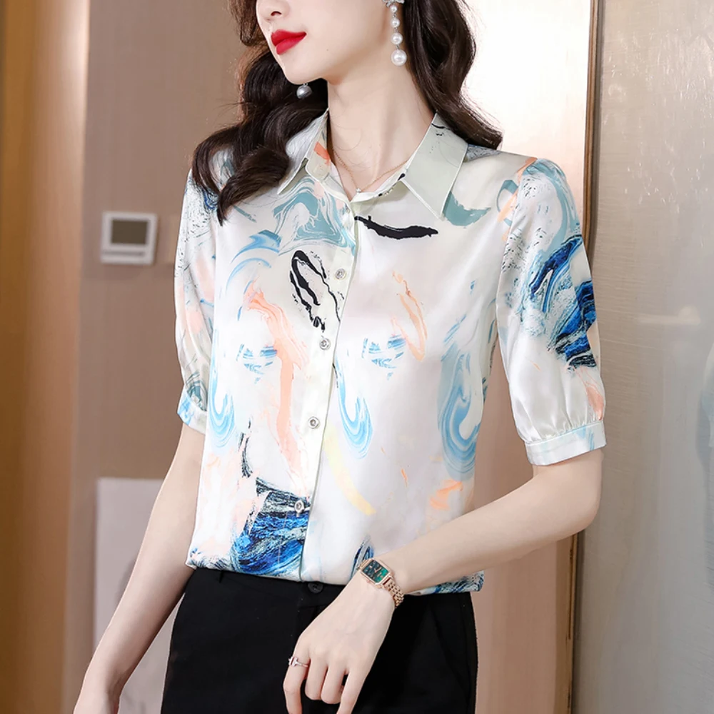 New Summer Fashion Printed Satin Blouses Women 2024 Office Lady Short Sleeve Shirts Outwear Tops Female Casual Clothes Blusas