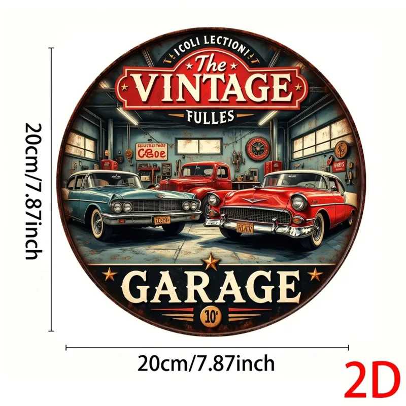 لوحة حائط مستديرة من الألومنيوم مسطحة عتيقة ثنائية الأبعاد - لافتة معدنية للمرآب القديم مع تصميم كلاسيكي للسيارات والأدوات، ديكور أمريكانا للحانات #4