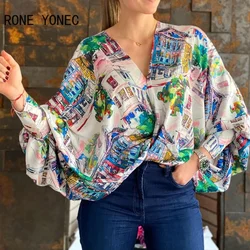 Women Chic Casual Graphic V neck  Puff  Batwing Sleeves Spring Loose Blouse Tops