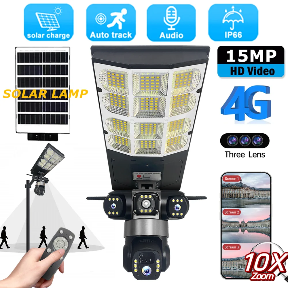 V380 Pro farola cámara Solar 4G Triple pantalla Color visión nocturna 2 en 1 vigilancia de seguridad al aire libre impermeable PTZ CCTV