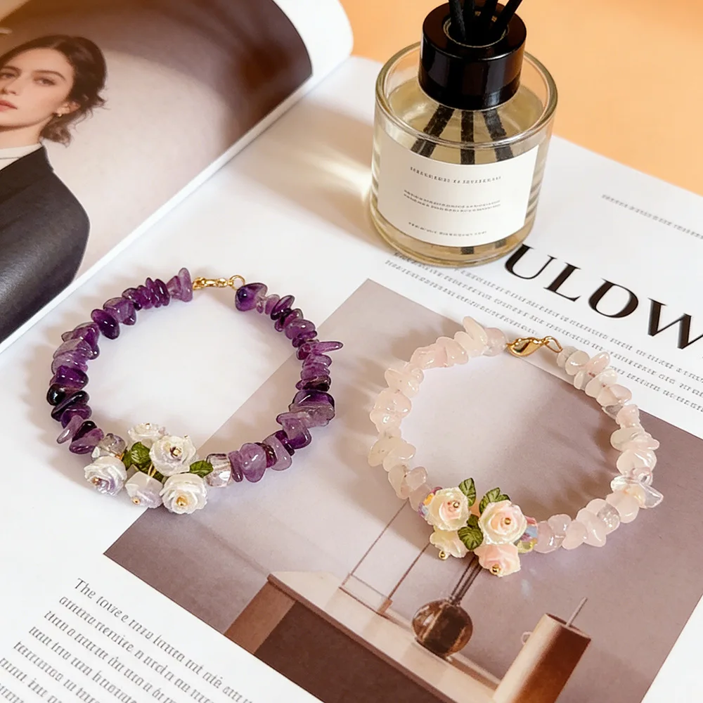 

Natural Amethyst Rose Quartz Crystal Bracelet Healing Energy Irregular Crushed Stone Dainty Flower Charm Jewelry for Women Gift