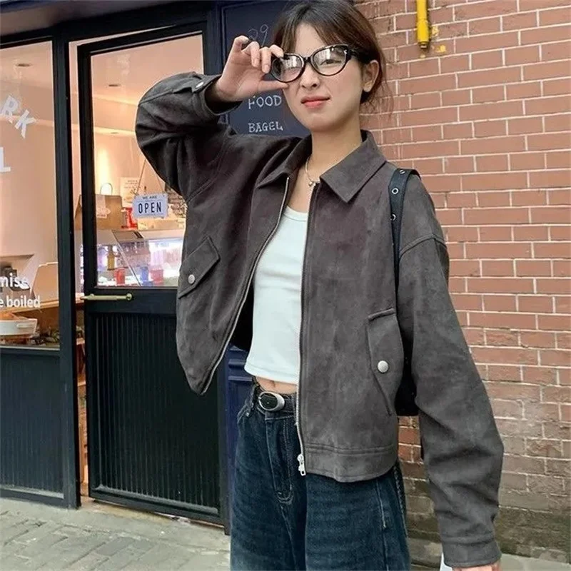 Autumn Lady Solid Color Short Korean Women High-end Long Sleeves Casual Outwear Spring Femme Fashion Lmitation Suede Coat