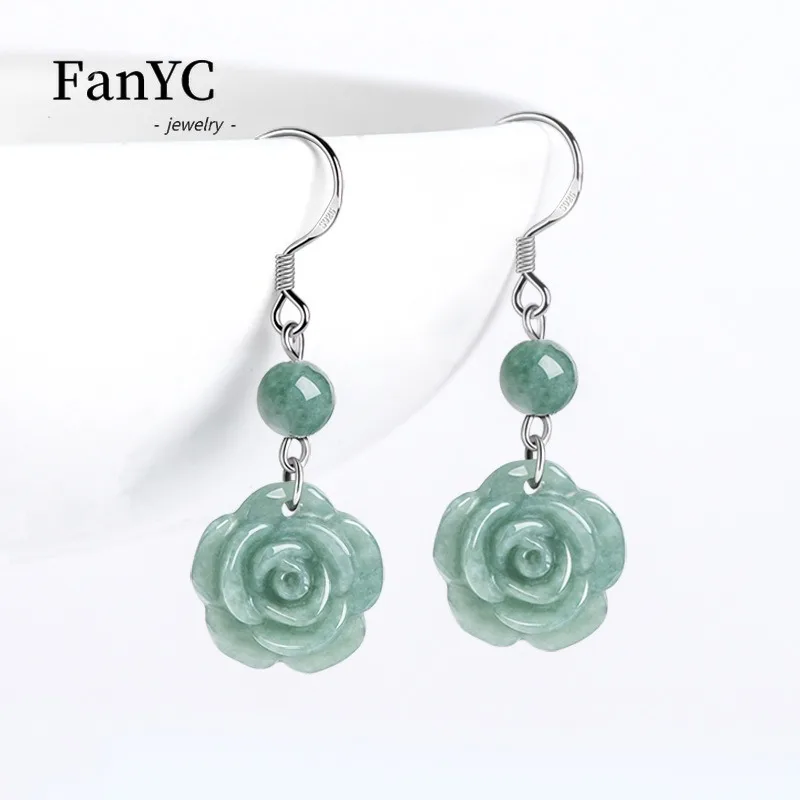 Boucles d'oreilles en argent S925 avec crochet d'oreille pour femme, haricot de jadéite, rose verte, marchandises naturelles authentiques, cadeau de mariage pour les travailleurs, mode de luxe