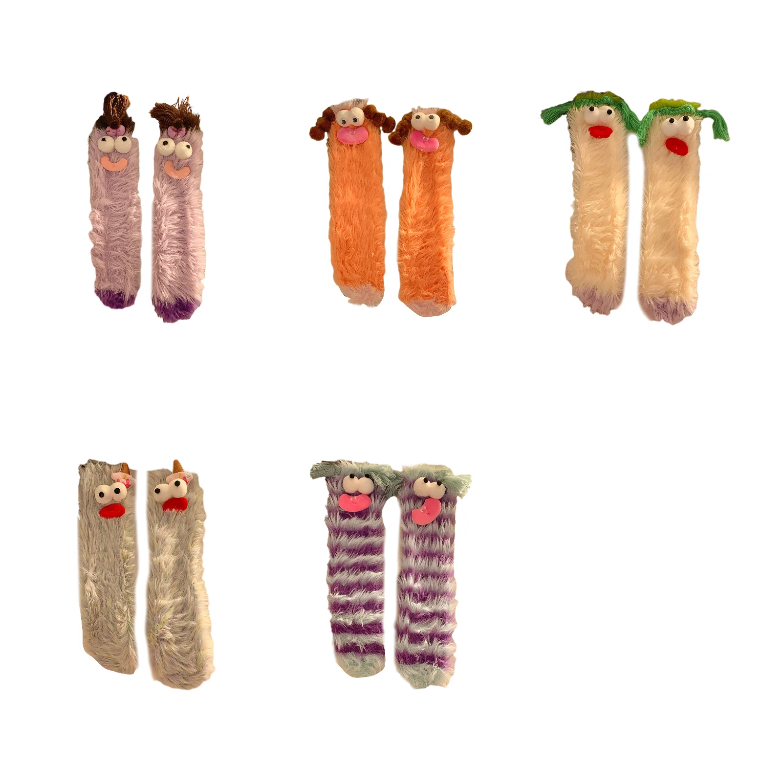 

[5 пар] Набор плюшевых забавных носков: фиолетовые/оранжевые/белые/разноцветные/полосатые носки разных цветов