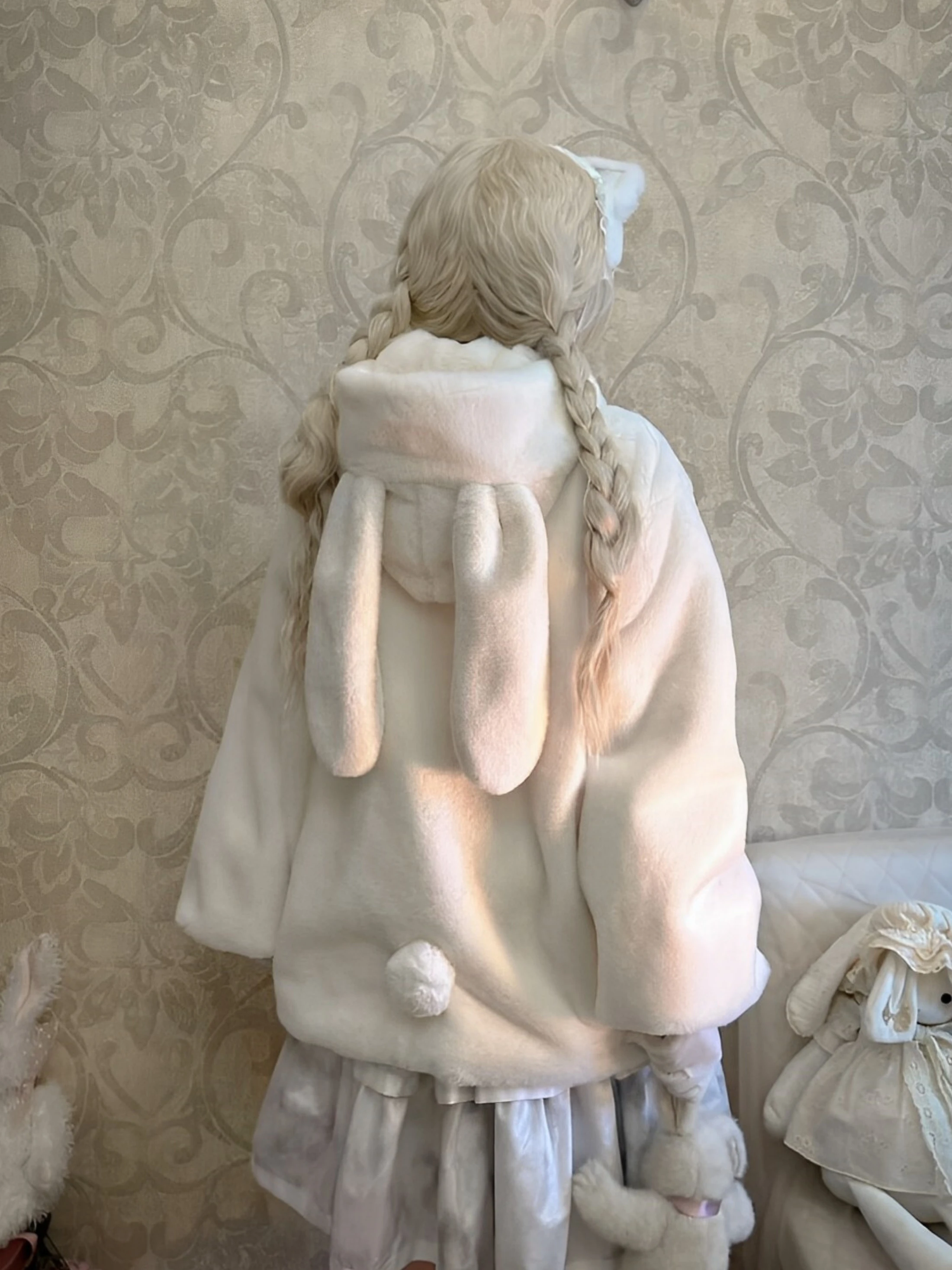 

Осень-зима, новинка Sle Thiened Rabbit Ear Lolita Plu Jaet, женское студенческое милое мягкое хлопковое пальто Fufu для девочек, длинное све