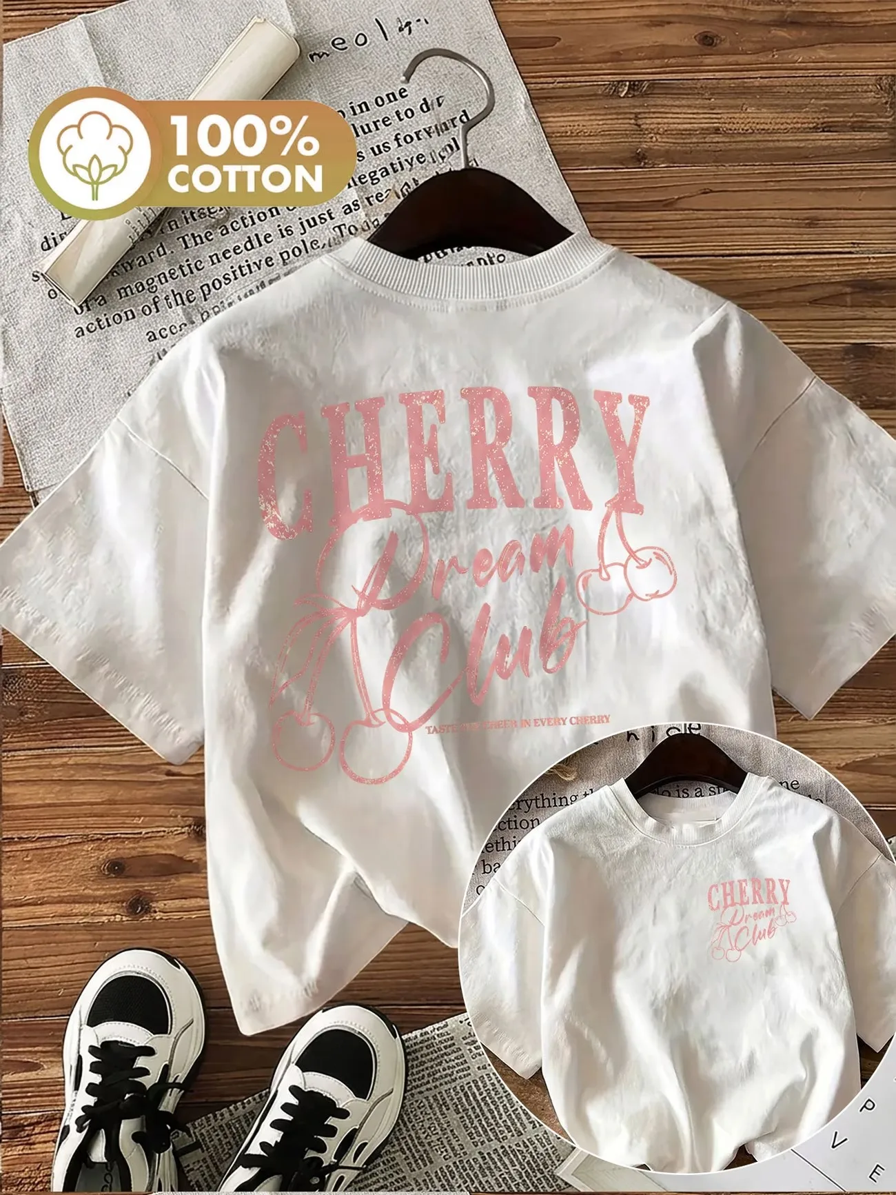 Fashion Y2k Sweet Cherry Print Aesthetic Women 100% Cotton T Shirts 90s Cherry Print O-neck Short Sleeve Loose Graphic Tees