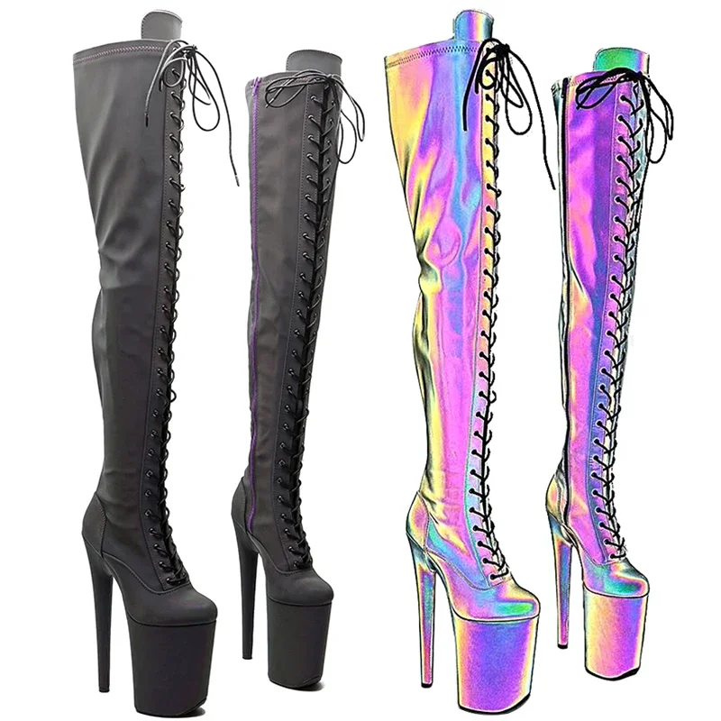 Leecabe   23CM/9inches Reflective material PU  fashion  lady  High Heel platform  stripper heel Pole Dance boots