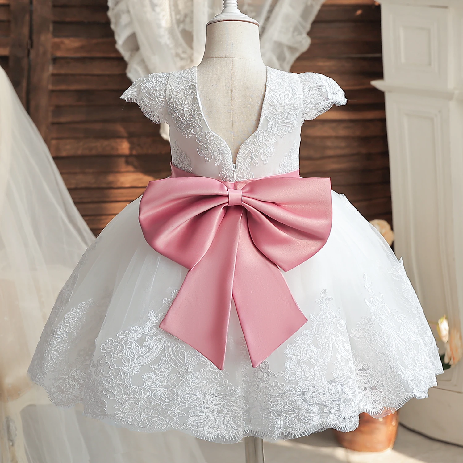 Baby Girl White Baptism Dress Infant 1st Birthday Pink Bow Tutu Gown Flower Girl Dress for Wedding Ceremony Summer Party Costume