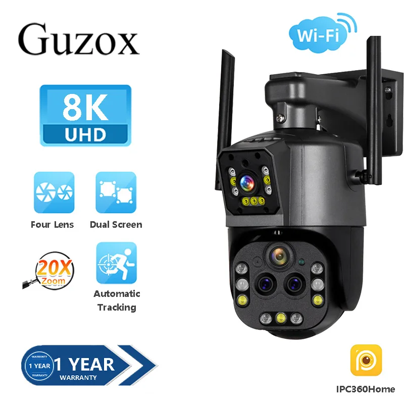 

8K 20X Optical Zoom Wifi Surveillance Cameras Outdoor Wireless Four Lens Dual Screens 360° PTZ Auto Tracking IP66 CCTV Camera