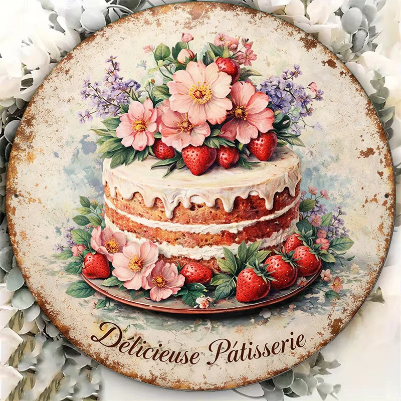 2D Flat Round Sign Vintage Plaque about Strawberry Cream Cake Delicious Pastry Decorative Sign Suitable for Cafe Decoration