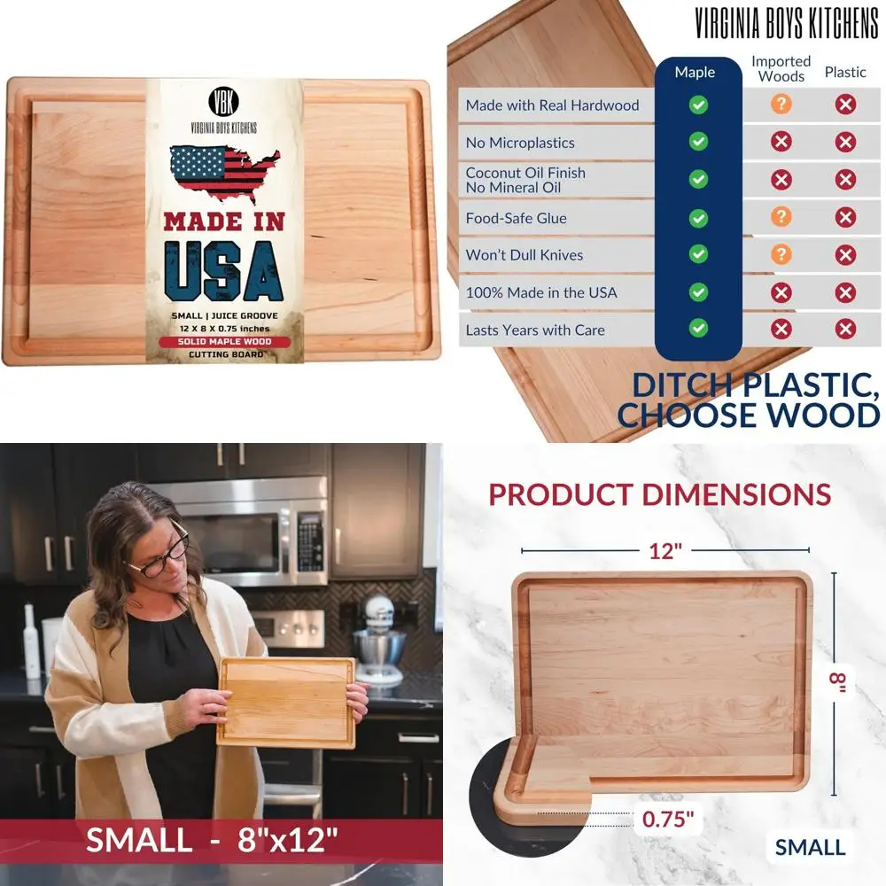 

Solid Maple Wood Cutting Board with Juice Groove - Handcrafted Butcher Block Wooden Carving Board for Kitchen Use