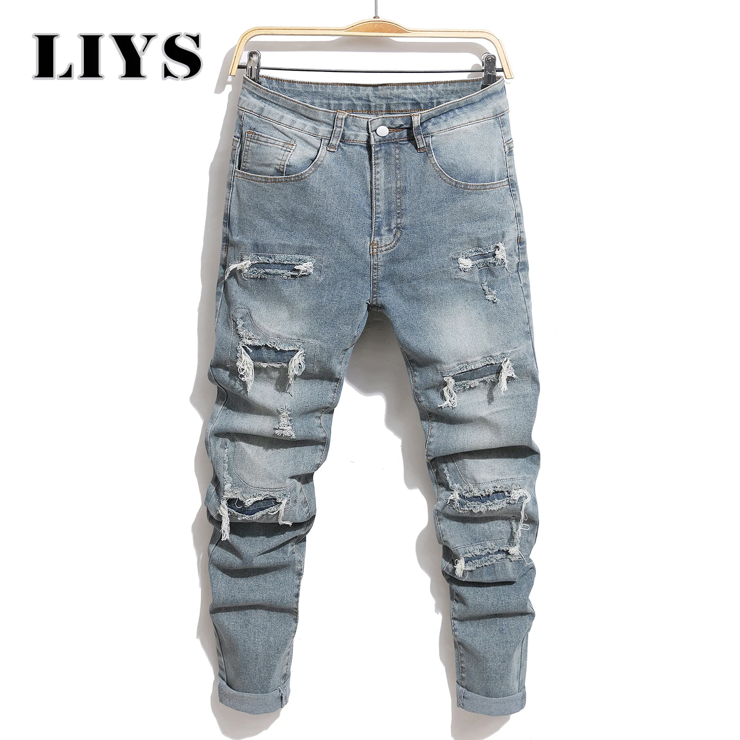 الرجال الأوروبية الأمريكية الرجعية مطاطا جينز ضيق للجنسين اليومية عادية نحيل الدينيم السراويل الأزرق ممزق مدبب الدينيم سروال شكل قلم رصاص #6
