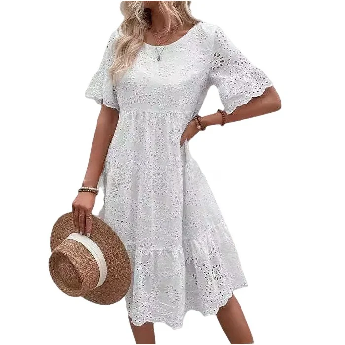 Vestido de Mujer 2024, Moda del Sudeste Asiático, Color Puro, Encaje Bordado, Calado, Casual, Cintura Media, Manga Acampanada...