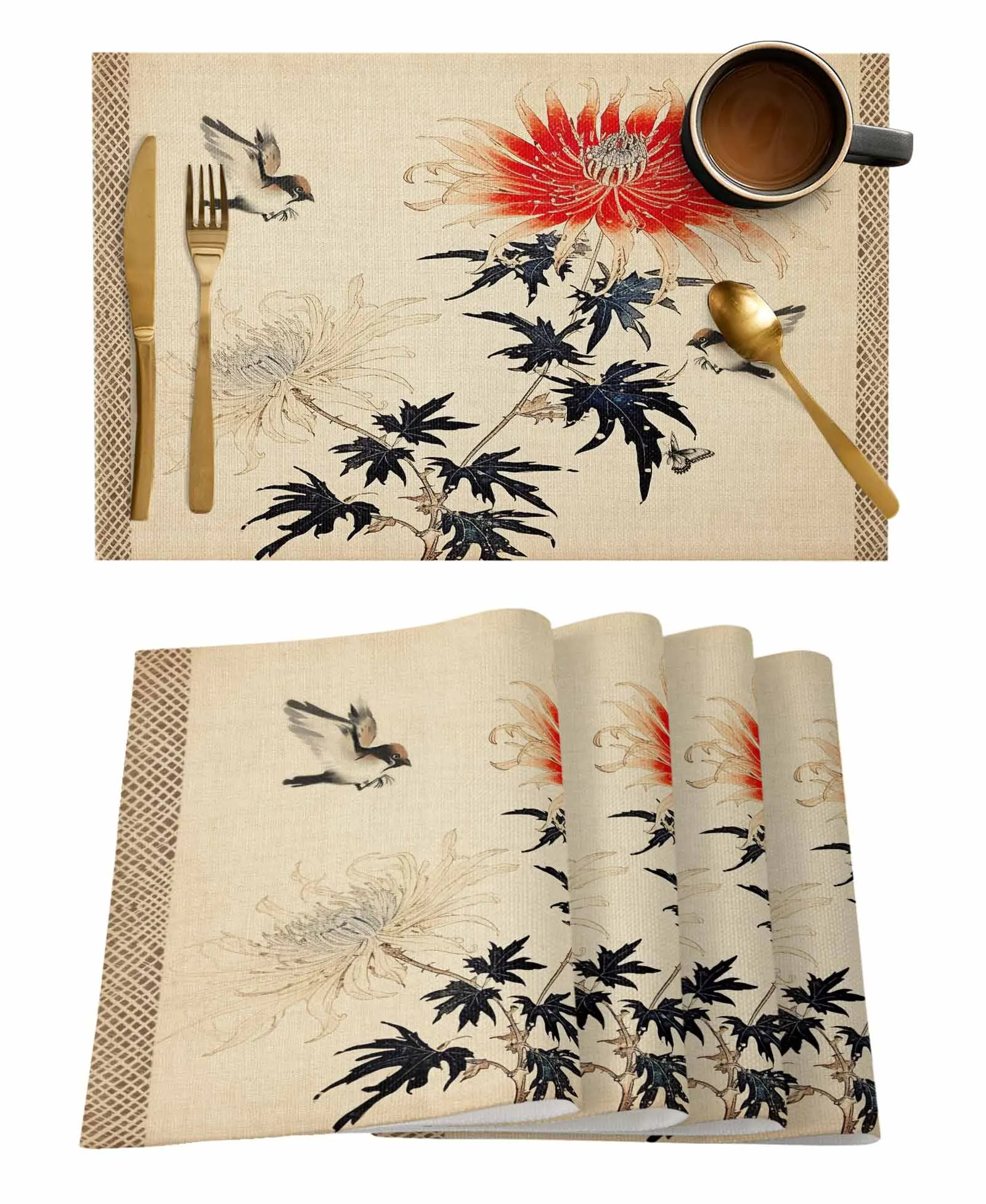 Chrysanthemum Bird Butterfly Retro Table Runner Luxury Wedding Decor Tablecloth Holiday Kitchen Dinning Table Runner