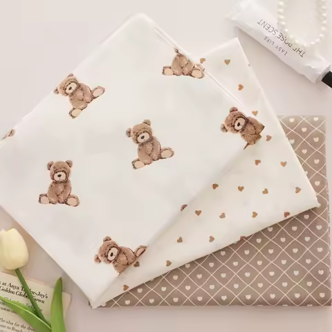 160*50cm Pure Cotton Twill Fabric with Bear Grid Heart Printed for Handmade Clothing and Bedding,DIY Patchwork Cloth Craft