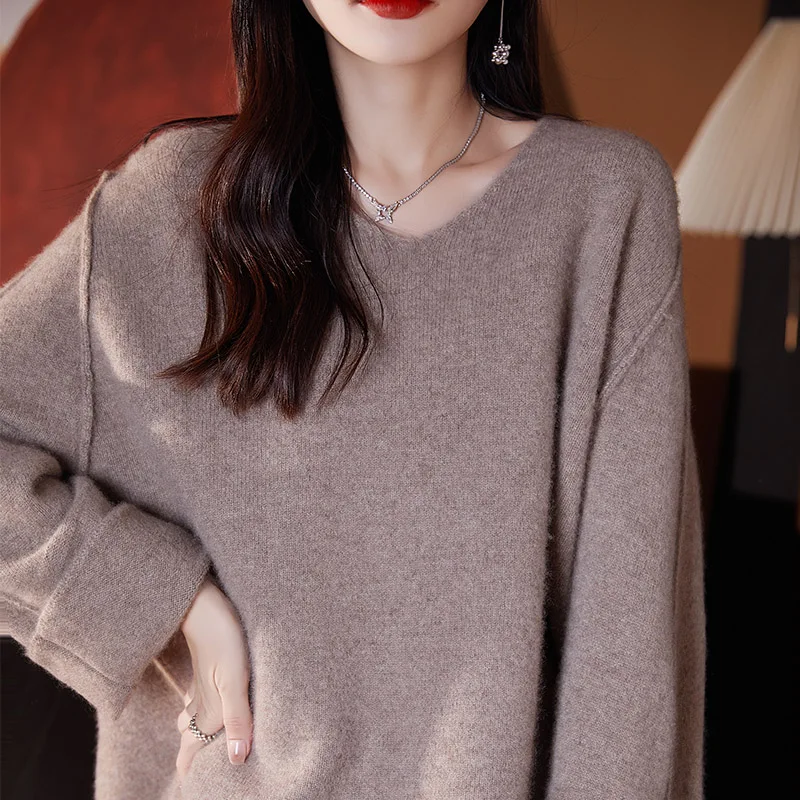 V-neck 100% wool sweater women's autumn and winter long sleeved knitted sweater loose and lazy style plus size cashmere sweater