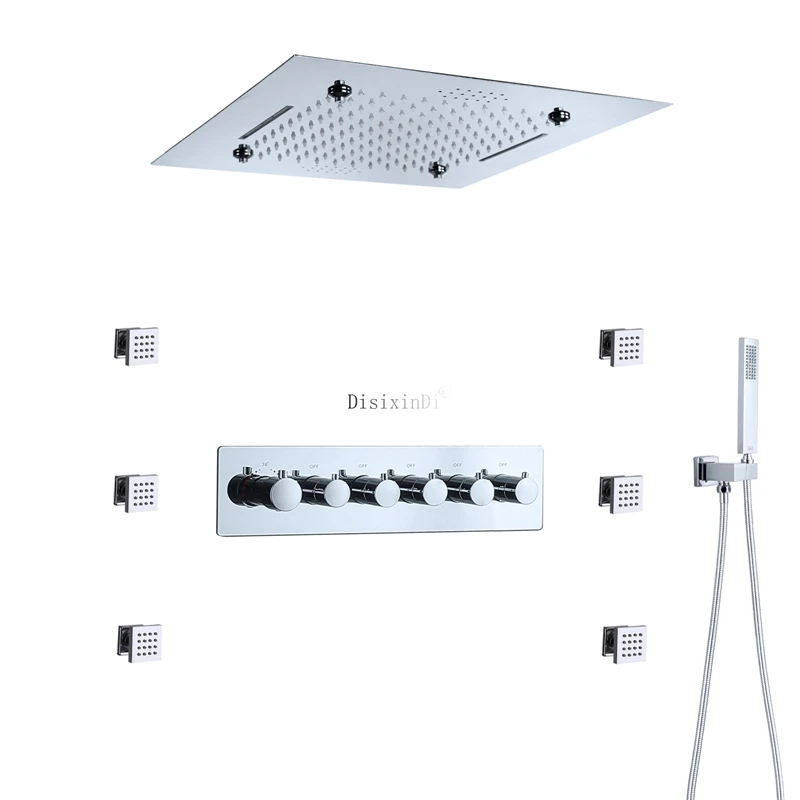 

Ceiling Mounted Modern Style Chrome Polished LED Shower System Faucets Head Rainfall Thermostatc Brass Valve Shower Set