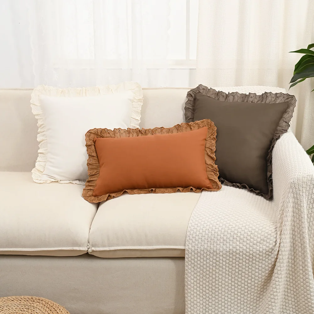 plain color lotus edge cushion cover pillowcase sofa decorative waist rickrack pillow cover