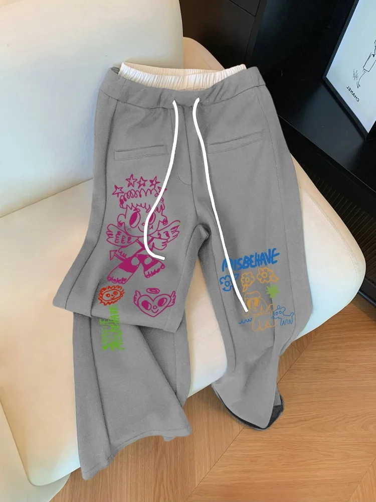 Ele Retro Print Patchwork Double Waist Casual Pants Straight Leg for Men And Women Spring Autumn American Sle Versatile