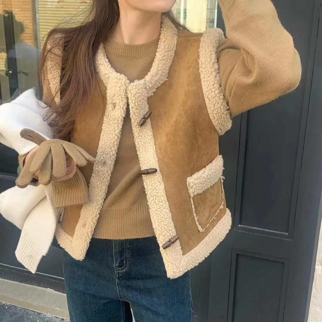

Korean Sle INS Autumn Winter Lamb Fur Skin Inteated Versatile Cute Anti-Aging Buttoned Vest Jaet Women ort Coat