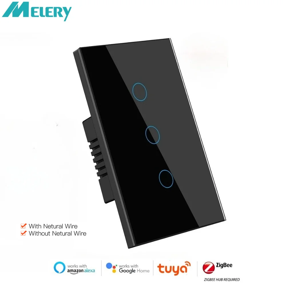

Melery Zigbee Smart Life Light Switch with/without Neutral Wire Wall Touch Sensor Glass Panel Remote by Tuya Alexa Google Home