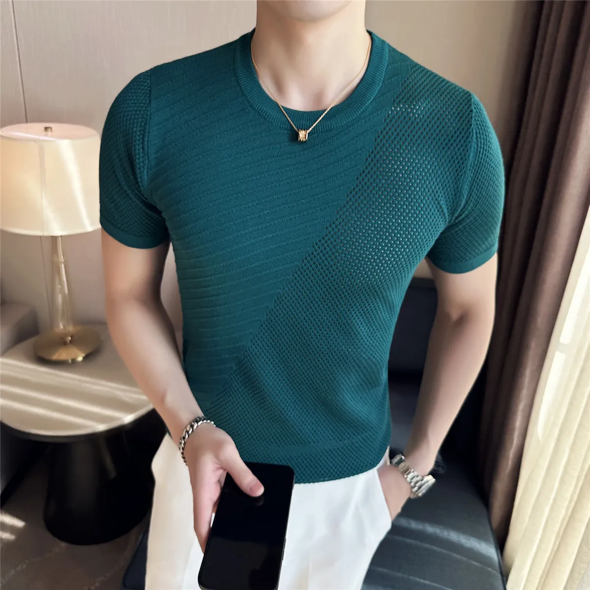 

2023 Korean Style Men's Summer Casual Short Sleeve Knitted T-shirt/Male Ice Silk Hollow Out Round Neck T-shirt S-3XL