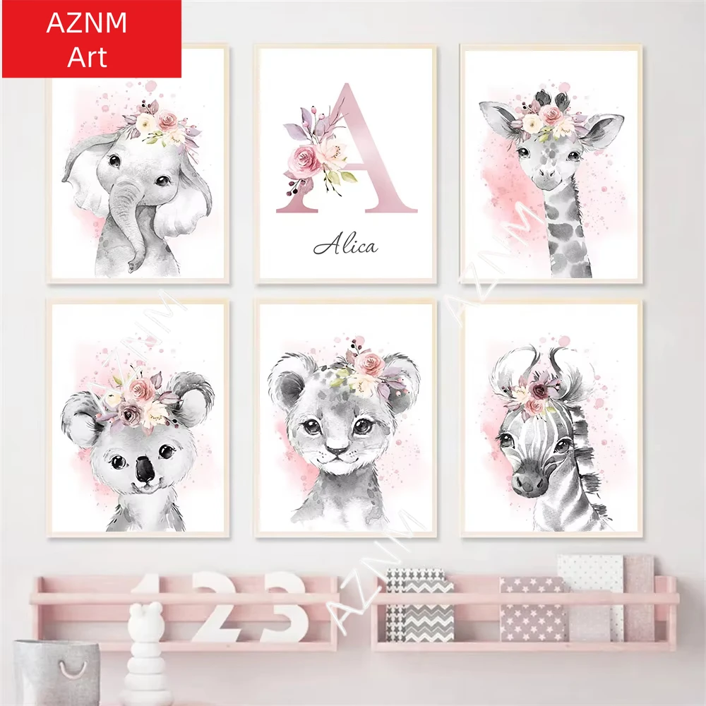 1PC Koala Rabbit Tiger Lion Giraffe Pink Flower Wall Art Canvas Painting Nordic Posters And Prints Picture Baby Girl Room Decor