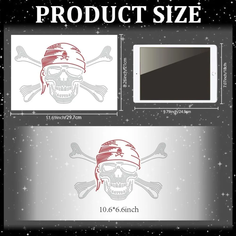 Pirate Rhinestone Iron on Hotfix Transfer Red Bandana  Heat Transfer Sticker Crossed Bones Bling Clothing Decoration