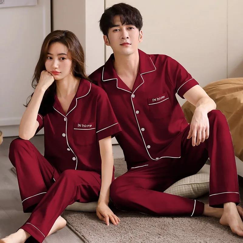 Pajamas Of Couple Solid Color Sleepwear Silk Satin Pijama Sets Short Sleeve Pyjamas Home Wear Women&Men Loungewear Plus Size