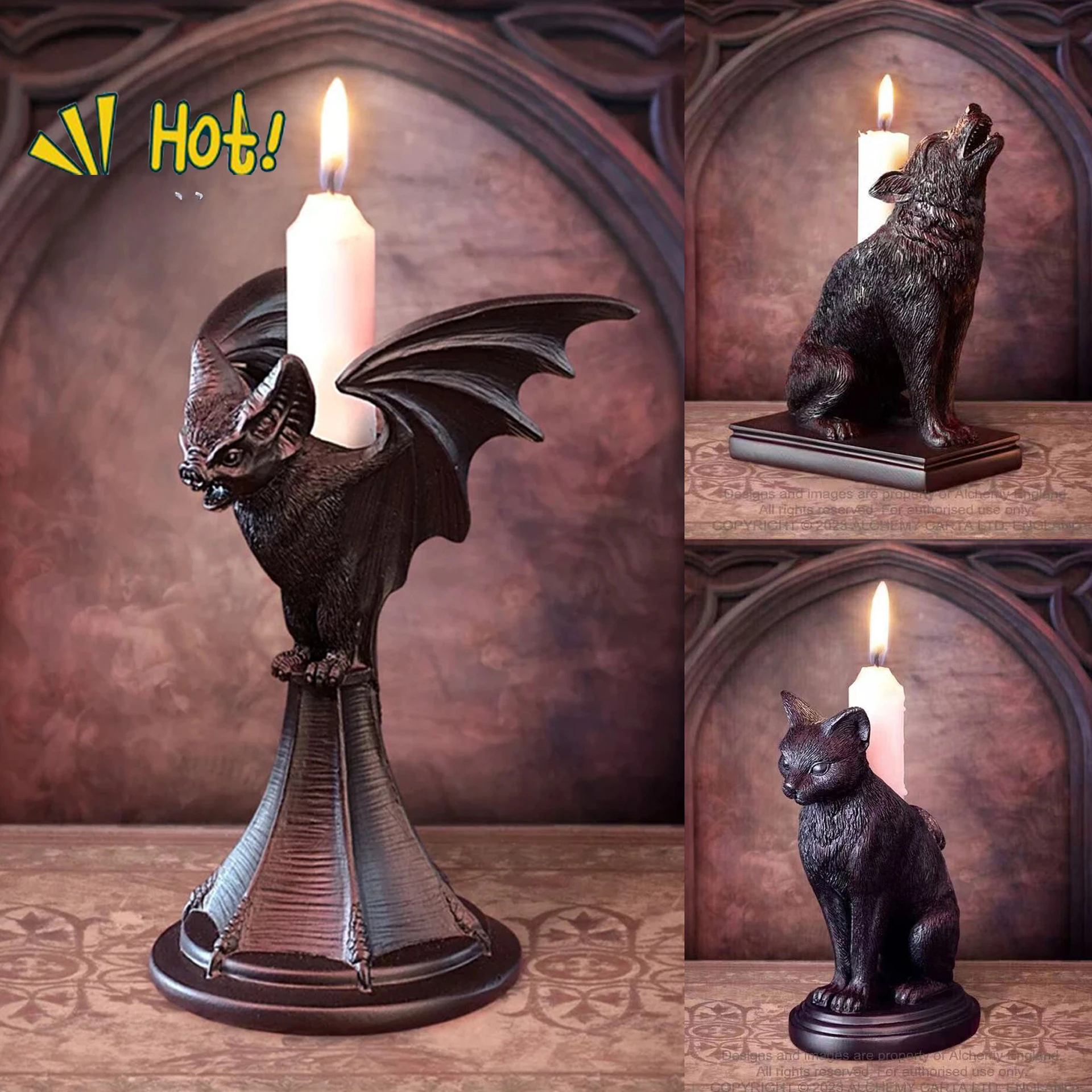 Resin Ornament Crafts Halloween Gothic Bat Wolf Candlestick Black Cat Home Desktop Decoration