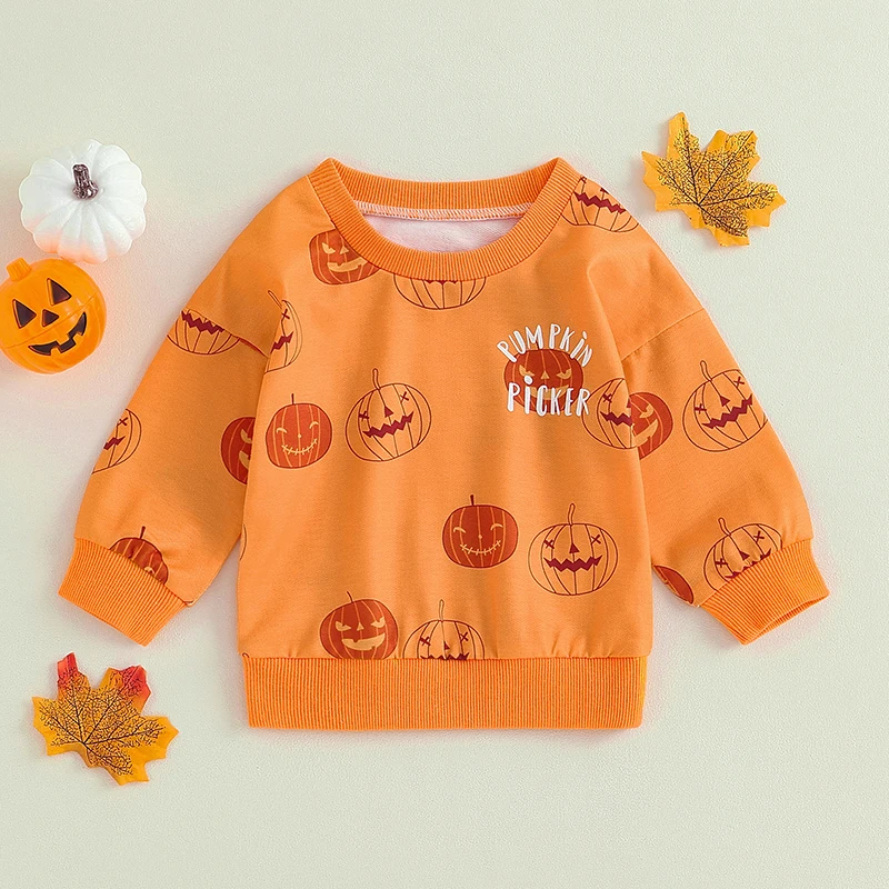 Kids Halloween Costume Hoodie Sweatshirt Orange Long Sleeve Letter Pumpkin Print Pullover Crew Neck Tops for Boys