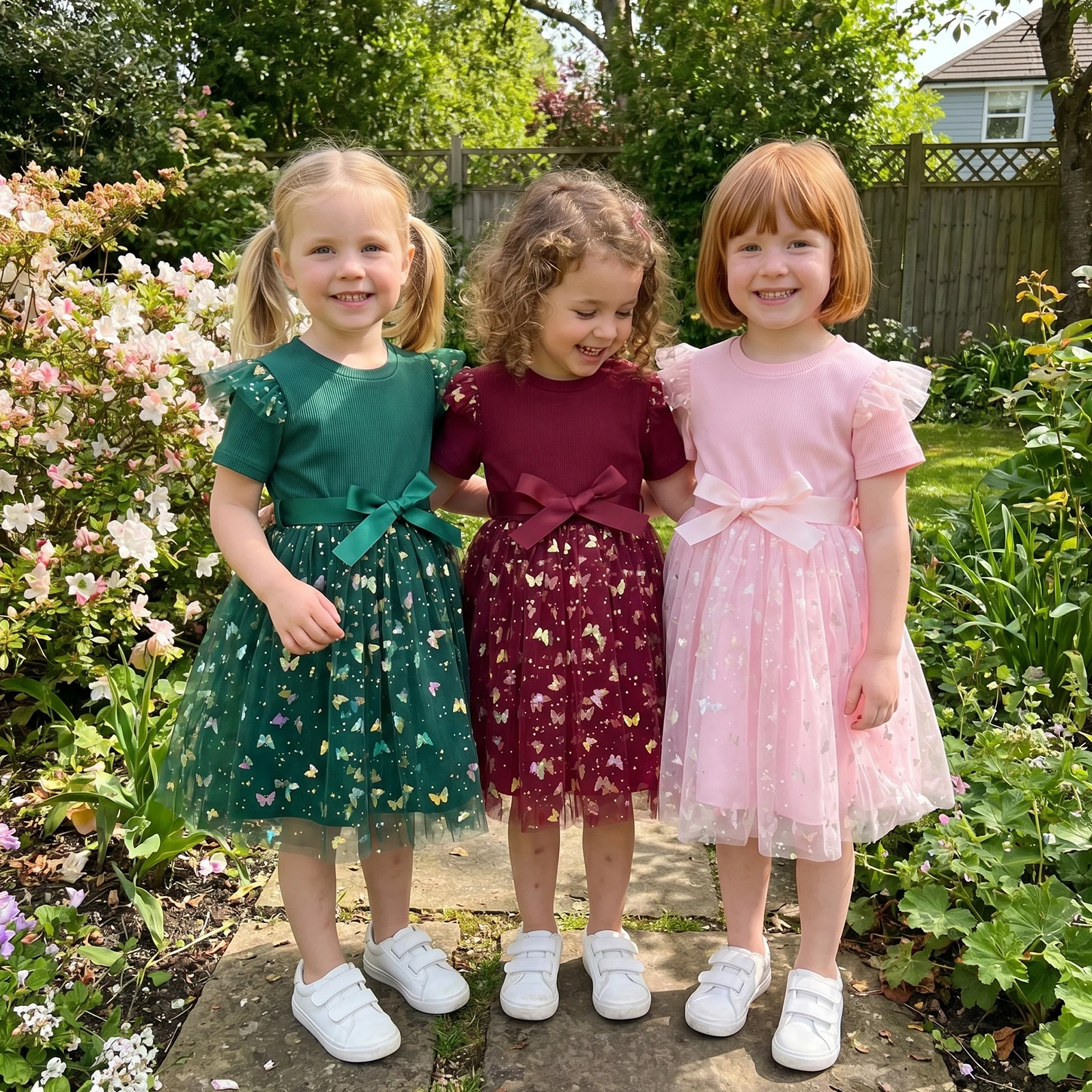 3-10Y Little Girls Tulle Mesh Lace Dress Summer Fashion Butterfly Printed Short Sleeve Tulle Princess Dress with Ribbon Belt