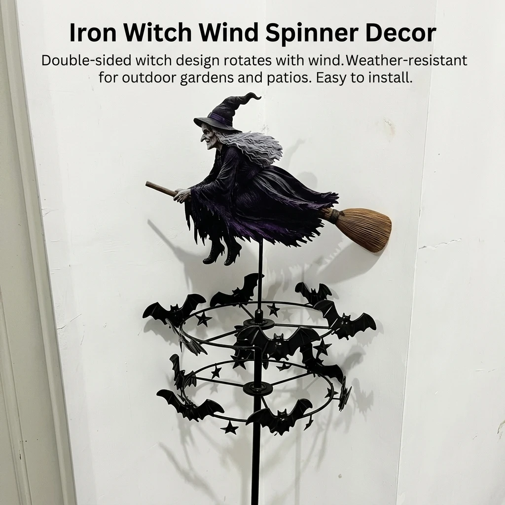 1pc Rotating Witch Wind Spinner Iron Metal Wind Vane Halloween Yard Art Decoration Stakes for Garden Patio Home Ornament
