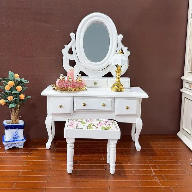 1:12 escala casa de bonecas em miniatura quarto penteadeira com espelho vaidade mesa e fezes modelo móveis para fingir jogar brinquedos
