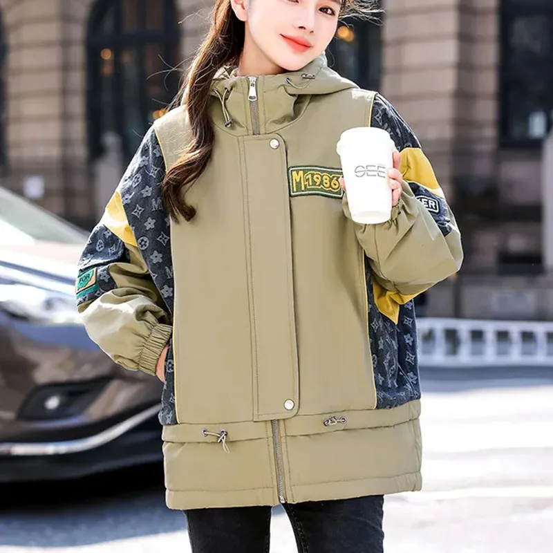 Chaqueta de lana de empalme con capucha para mujer, prendas de vestir exteriores gruesas de Parker, chaqueta acolchada cálida, ropa de algodón