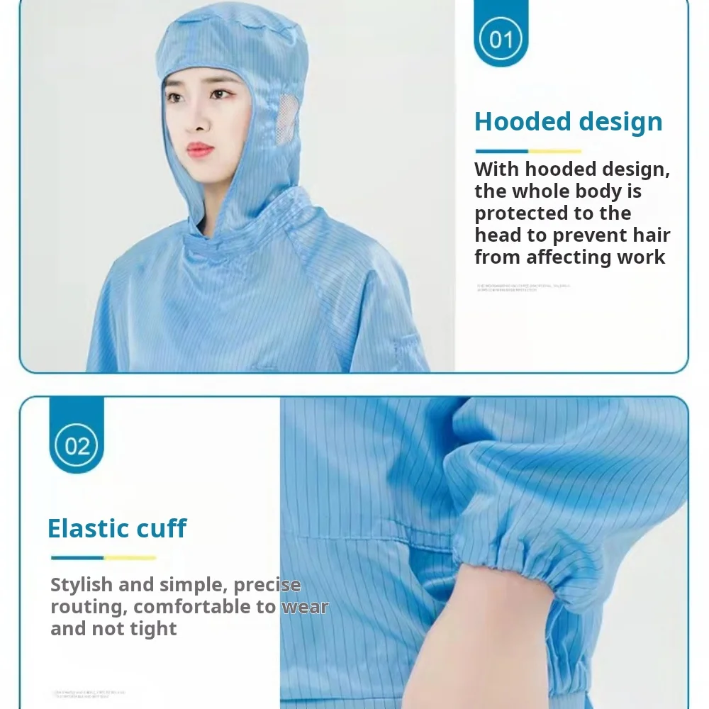 Anti static hooded coat, work clothes, dust-proof clothes, integrated static clothes, blue and white food cleaning clothes