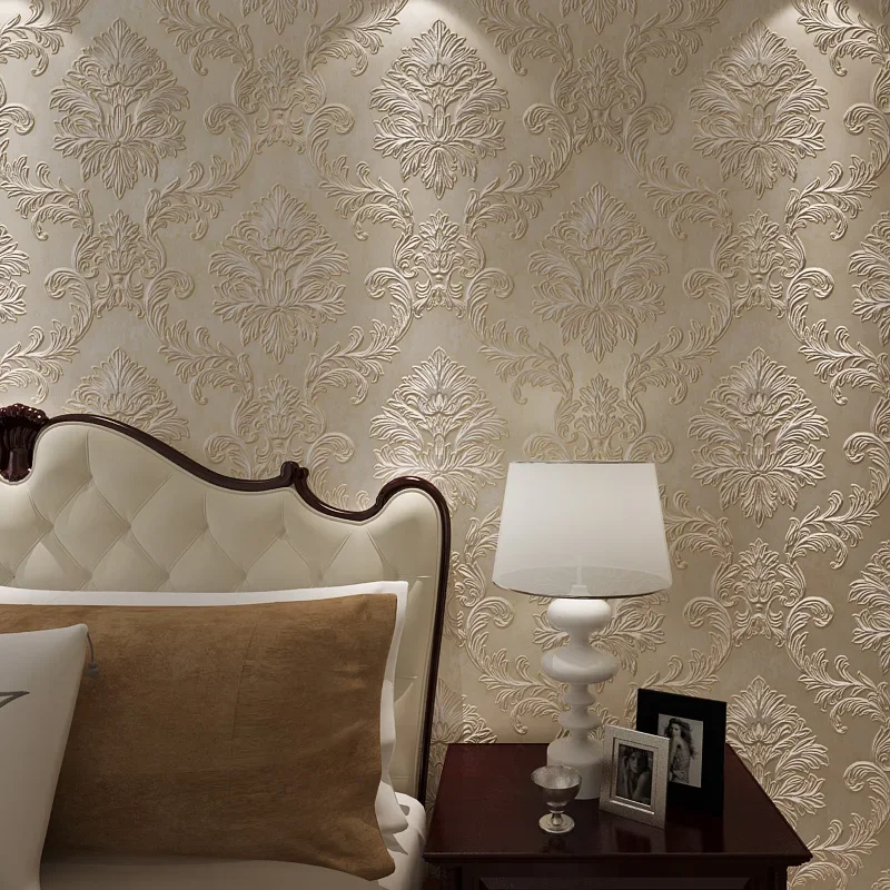 European Style 3D Stereo Damask Flocking Non-woven Wallpaper for Bedroom Living Room Modern Simple Decor Wall Paper Roll