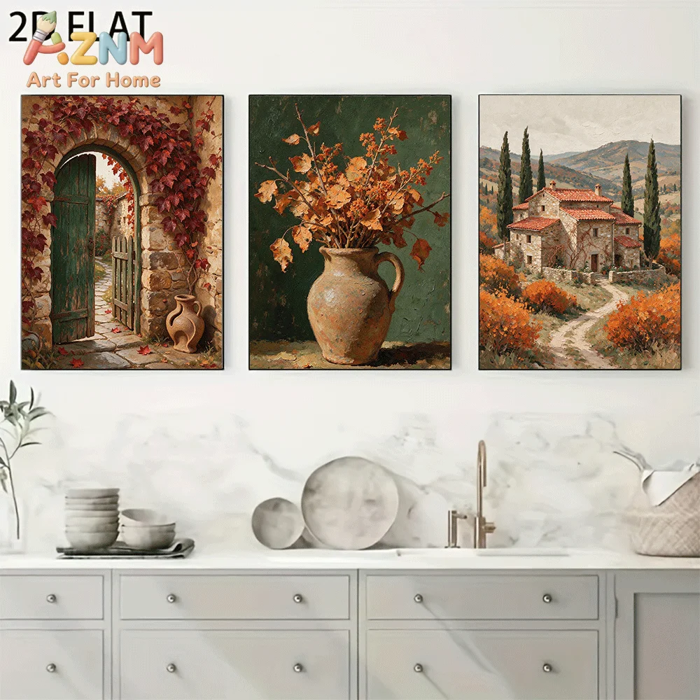 AZNM Frameless Canvas Wall Art, Vintage Autumn Tuscan Countryside Oil Painting Print, Rustic Fall Landscape Wall Decor for Livin