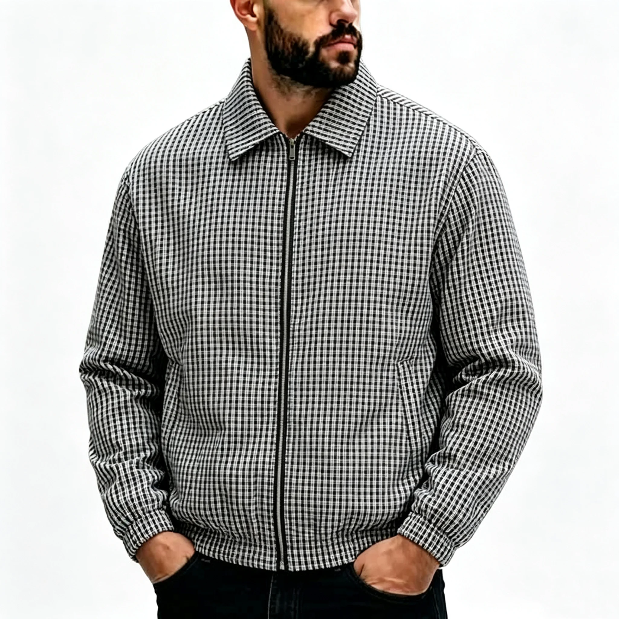 New Men's Plaid Jacket Fashion Casual Versatile Checkered Coat Solid Color Lightweight Outerwear Stylish