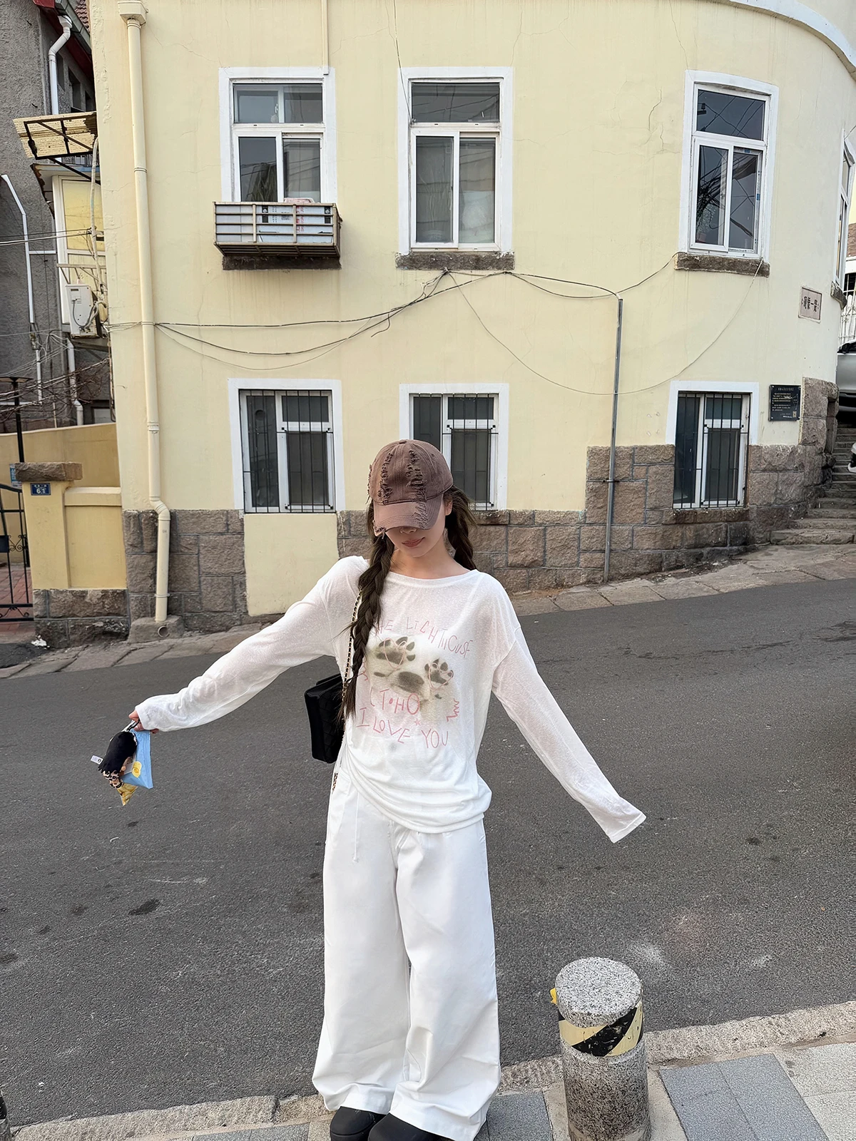 Sakura Dog Paw Print Long Sleeve Drawstring Shoulder Bared T Shirt Women's Lazy Korean Style Casual Breathable Top
